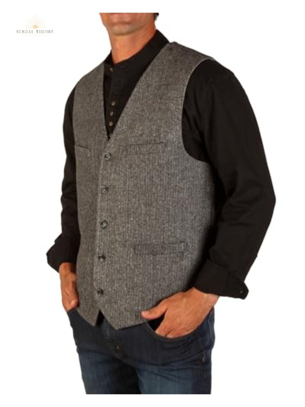 Men's 50% Wool Irish Tweed Herringbone Vest V-Neck Waistcoat